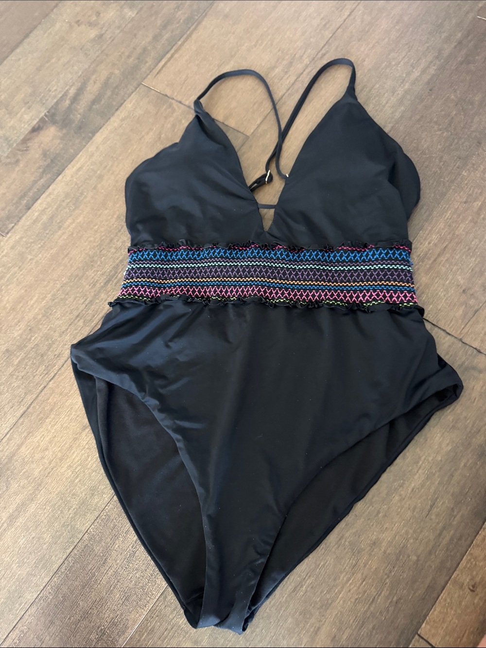 Bar III Black One-Piece Swimsuit with Multicolor Smocked Waist